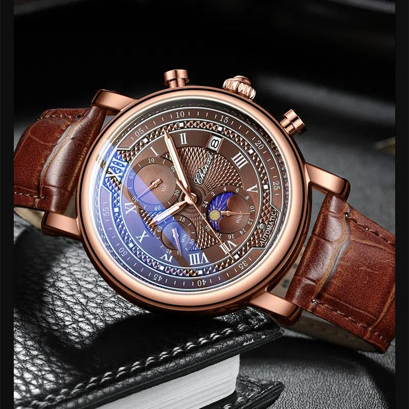 Chenxi Men's Watch Leather Chronograph Date Quartz Watches Phase Moon Timing Business Luminous Wrist Watch