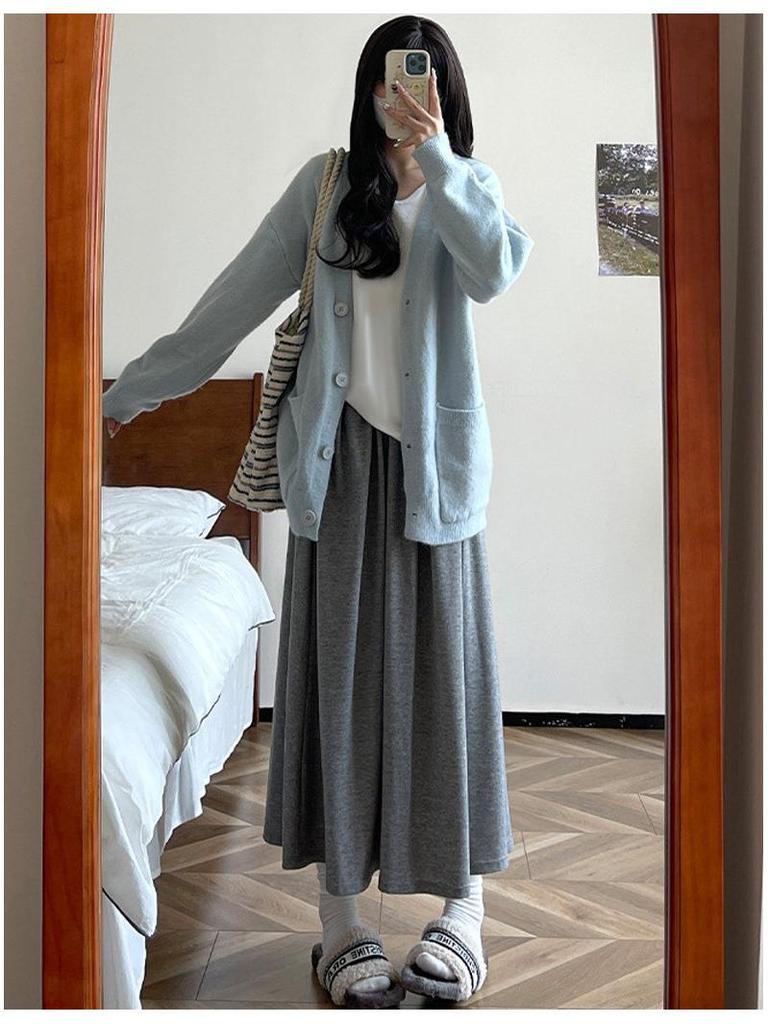 Темно-серая юбка А-силуэта с высокой талией для ранней осени: Женская повседневная струящаяся стройнящая юбка