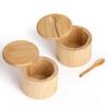 Bamboo Condiment Box Salt Seasoning Jars Pepper Jar Magnetic Rotating with Cover Sugar Container Holder Lid Function Multi Bowls
