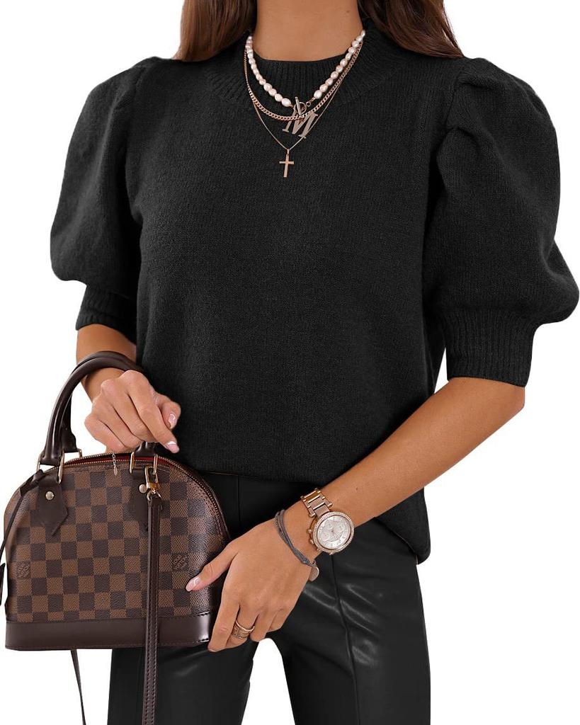Women's Casual Short Sleeve Puff Sleeve Knit Sweater, Minimalist Round Neck Solid Color Top, Lightweight Summer Pullover, Relaxed Fit T-Shirt Style