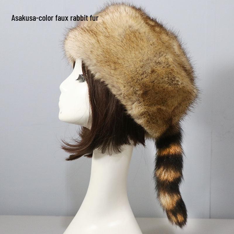 European & American Faux Fur Flat Top Hat with Raccoon Tail and Ear Protection – Warm, Fluffy Design for Autumn & Winter