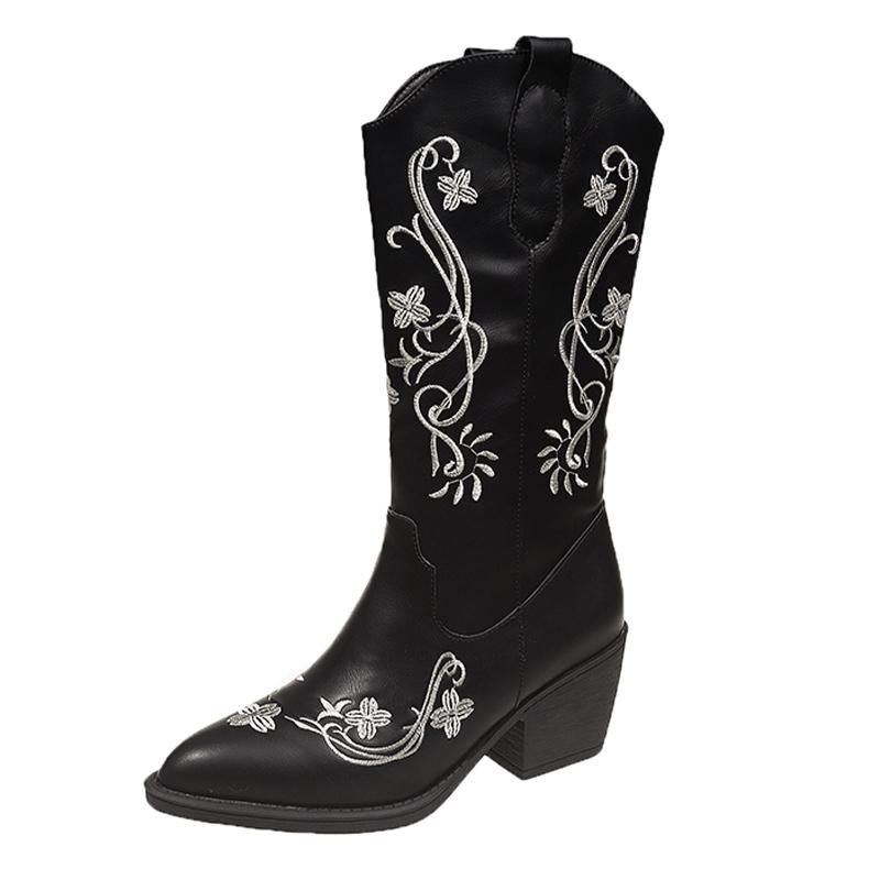 Вышивка Массивные Женские Высокие Сапоги Ретро Острый Носок Средний Каблук Обувь Тренд 2025 Зимняя Мода Классические Туфли Миди Голенище Botas Mujer