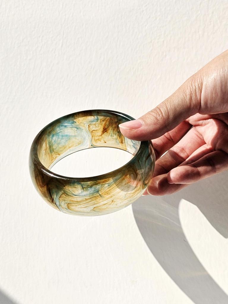 Retro Geometric Irregular Square Green Smudge Chunky Resin Bracelet for Women Girl Vintage Bangle HUANZHI 2025 NEW