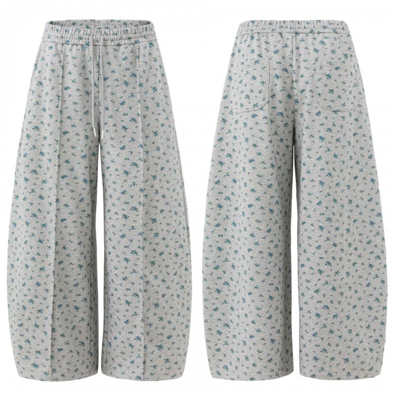 Unisex Cotton Wide Leg Cropped Pants With Floral Print Loose Fit Casual Trousers