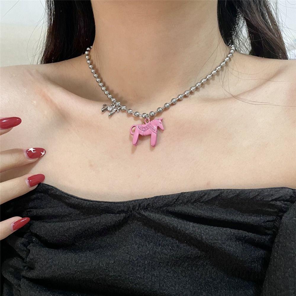 Alloy Horse Pendant Necklace Silver Plated Beads Neck Chain Enamel Pendant Necklace  for Women