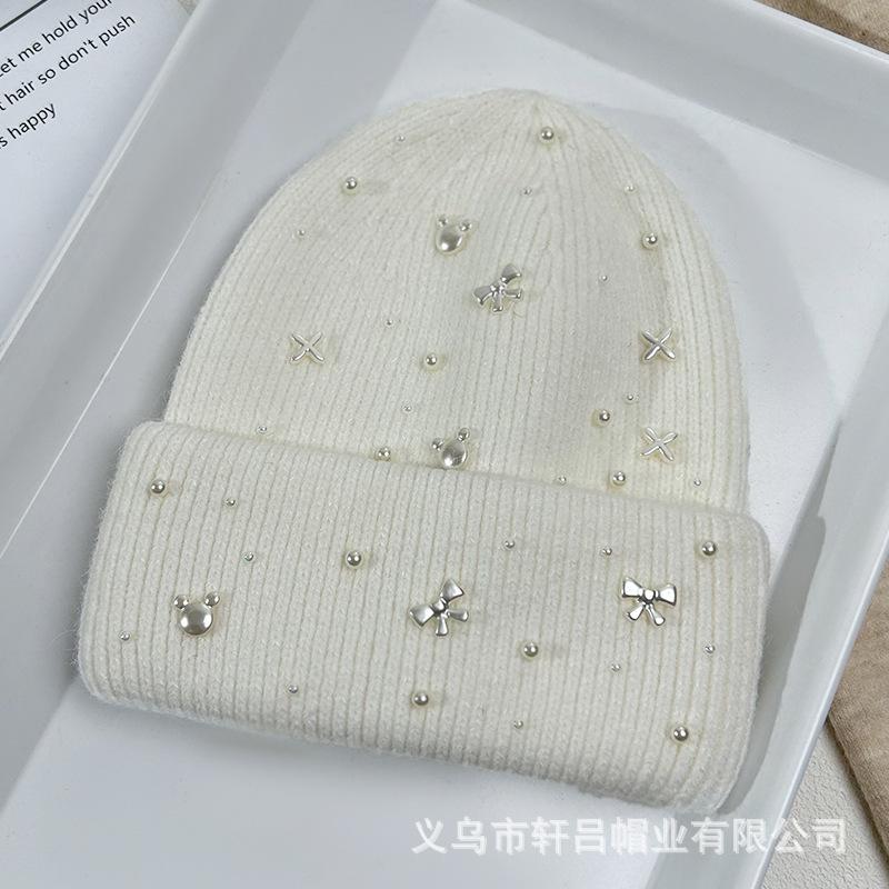 Autumn and winter new bow pearl knitted hat big head circumference thickened rabbit hair blended pullover ear protector wool hat