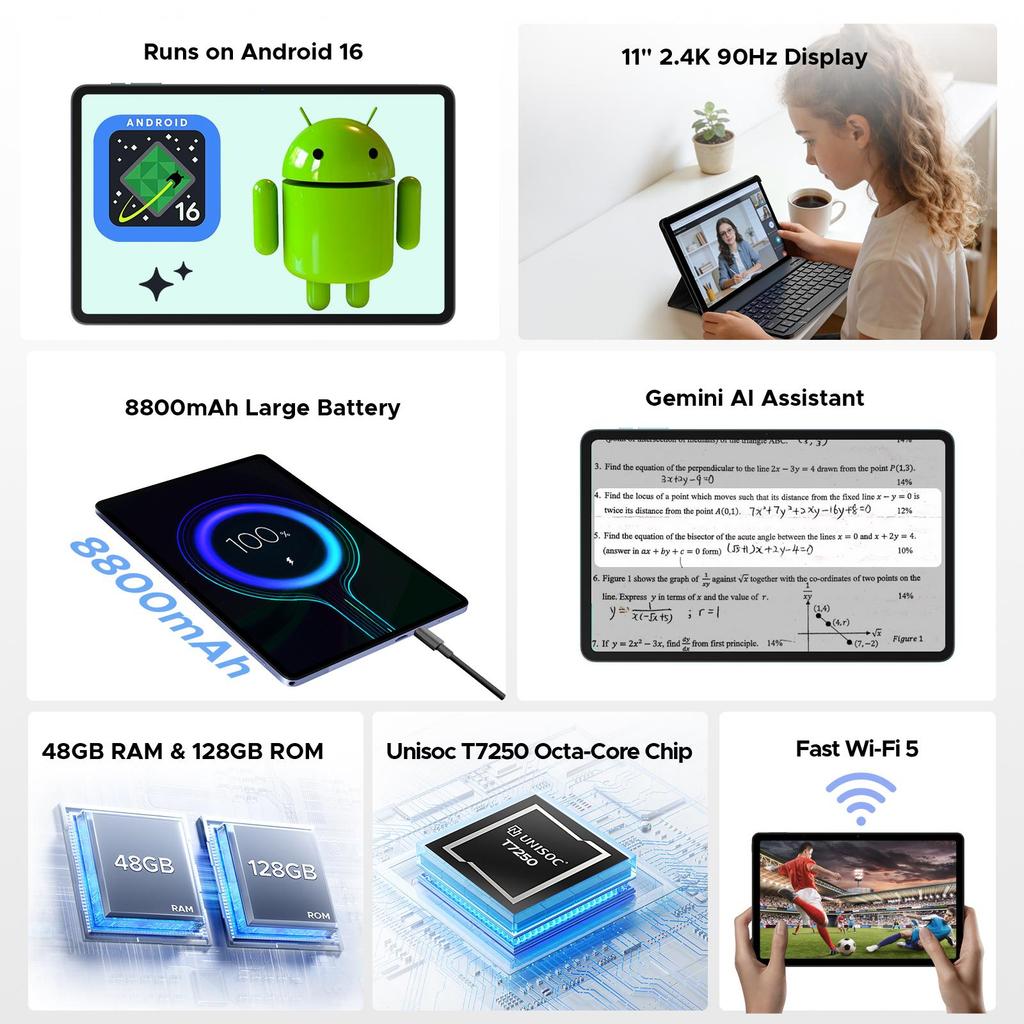 Планшет AP11 Pro на Android 16, 11 дюймов, 48 ГБ + 128 ГБ, 2,4K 90 Гц, Восьмиядерный, 8800 мАч, 5G WIFI, Наушники, Планшет с клавиатурой, пером, мышью
