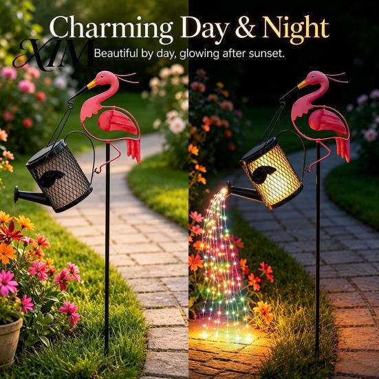 Garden Decorations for Home Solar Flamingo Watering Can Light, Powered LED Waterproof Eco Friendly Decor Pathway Light with Stake Patio Lawn
