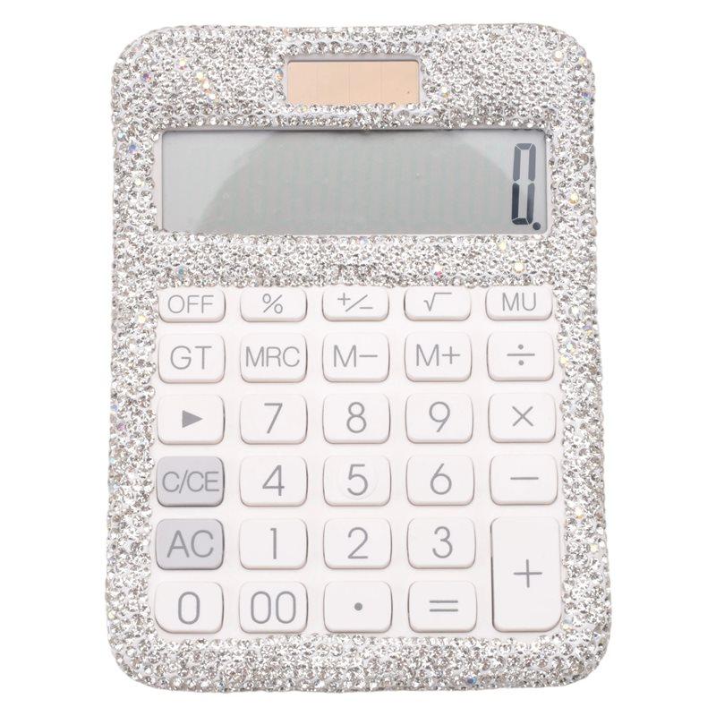 Calculator High Quality Rhinestone Crystal Dazzling 12 Digit Solar And Battery Dual Power LCD Display For Office, School White