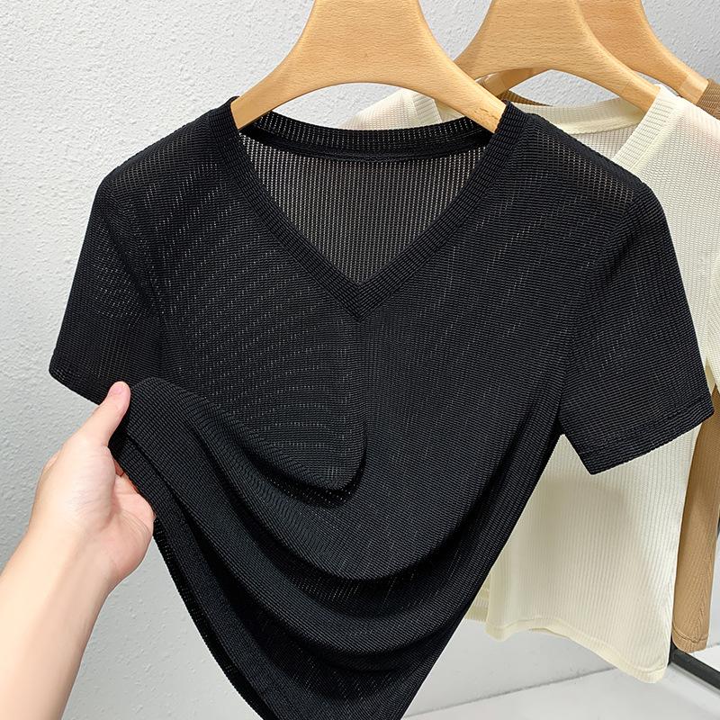V-neck Short-sleeved T-shirt for Women New Women's Clothing, Ice Silk Thin Hollow Mesh, Fashionable Small Shirt, Temperament Waist-hugging Top