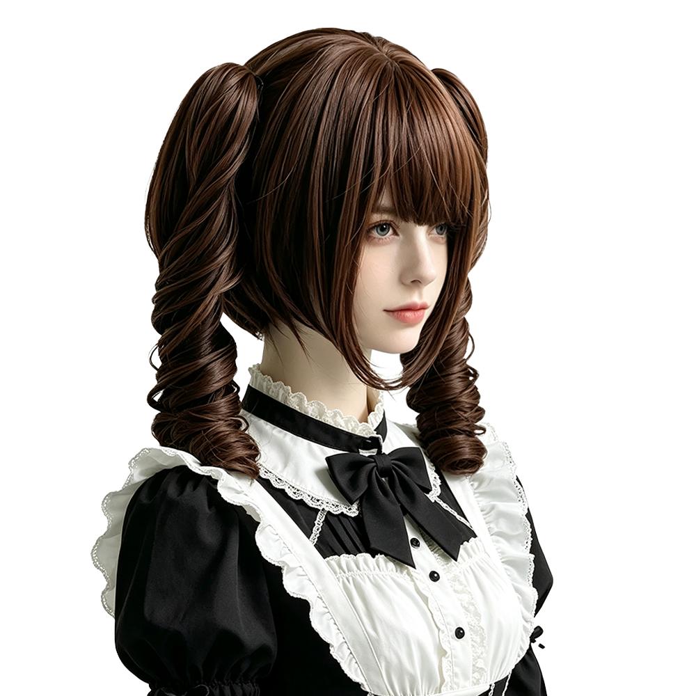 Brown Lolita Cosplay Wig With Bangs Twin Tails Double Ponytails Roman Curly Wig Protein Fiber Synthetic Hair Women Party Daily