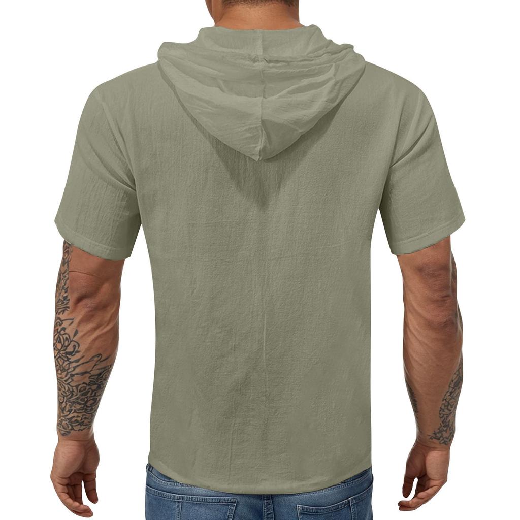 Мужская повседневная футболка с короткими рукавами, капюшоном и открытым воротом на пуговицах