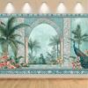 2D Exotic Oriental Backdrop, Peacock with Palm Trees and Ornate Arch for Photoshoot