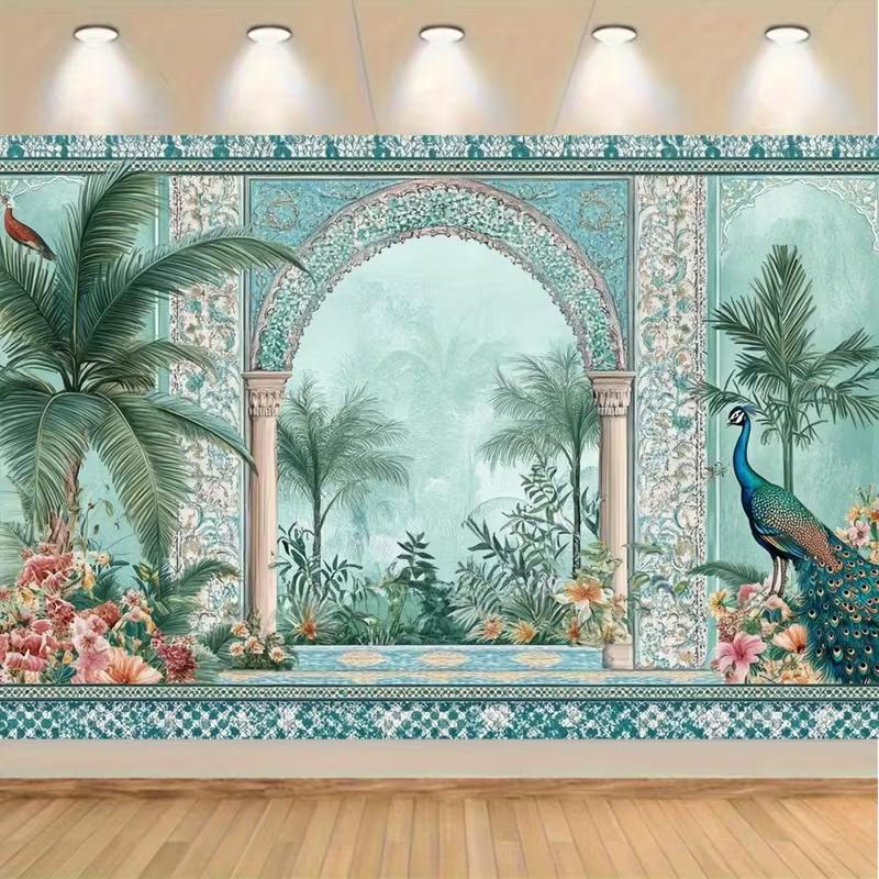 2D Exotic Oriental Backdrop, Peacock with Palm Trees and Ornate Arch for Photoshoot