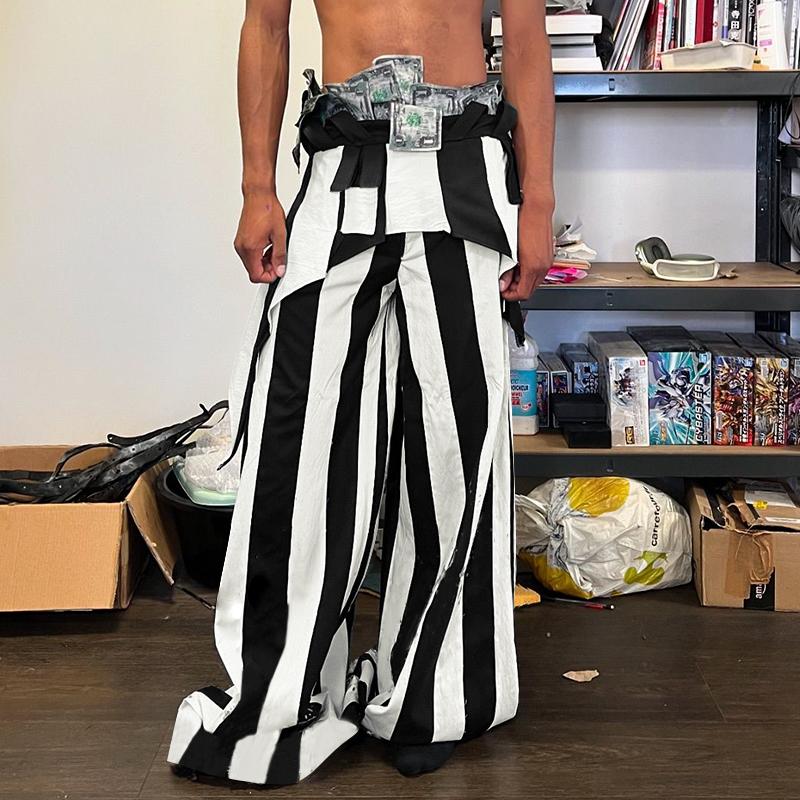 INCERUN Мужские повседневные свободные длинные брюки с застежкой-молнией и полосатыми брюками