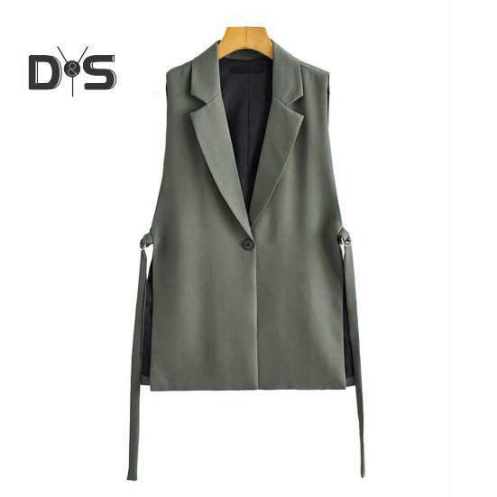 Women Vest Coat Turn Down Collar Sleeveless Loose Solid Color Single Button Cardigan Strap Decor Mid Length Commute Formal Suit Waistcoat