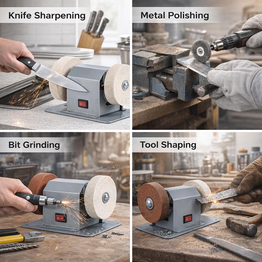 Mini Electric Bench Grinder Sharpener, Stainless Steel Body, Coarse & Fine Wheel, Multi-Function Tool Grinding Machine
