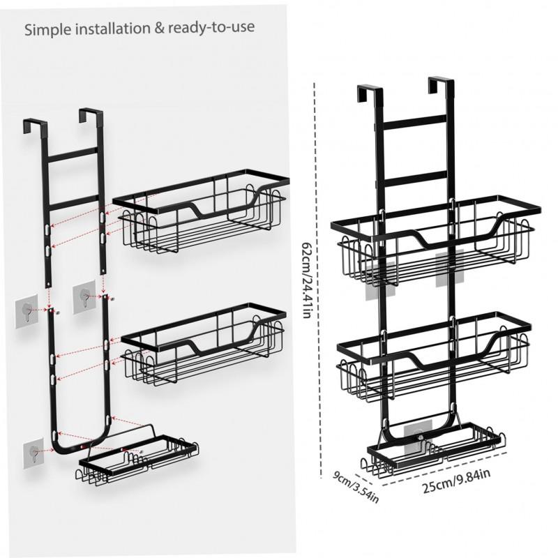 3-Tier Over-the-Door Bathroom Shelf Black Glass Door Hanging Storage Rack No-Drill Shower Caddy Towels