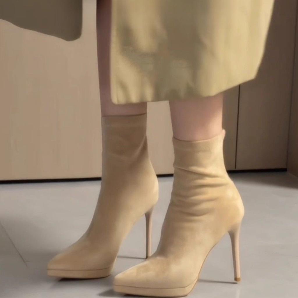 Elastic short boots medium boots fashion thin boots suede waterproof table women elegant pointed super high