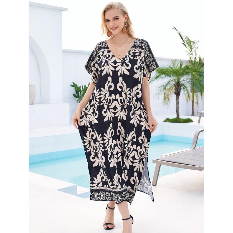 Плюс Размер Женщин Пляжный Принт Свободное Платье Накидка