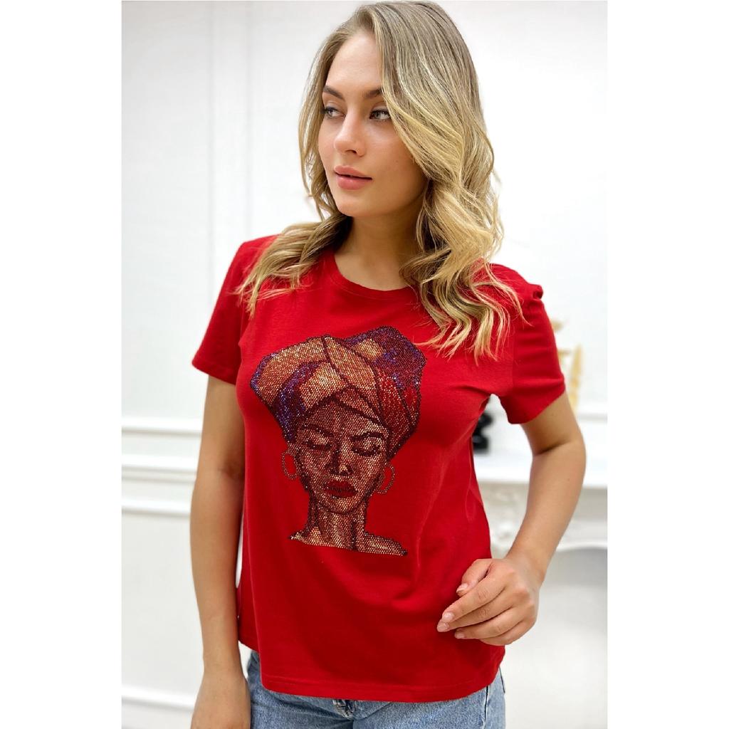 Черная женская футболка размера плюс с круглым вырезом Crystal Stone из 100% хлопка с короткими рукавами