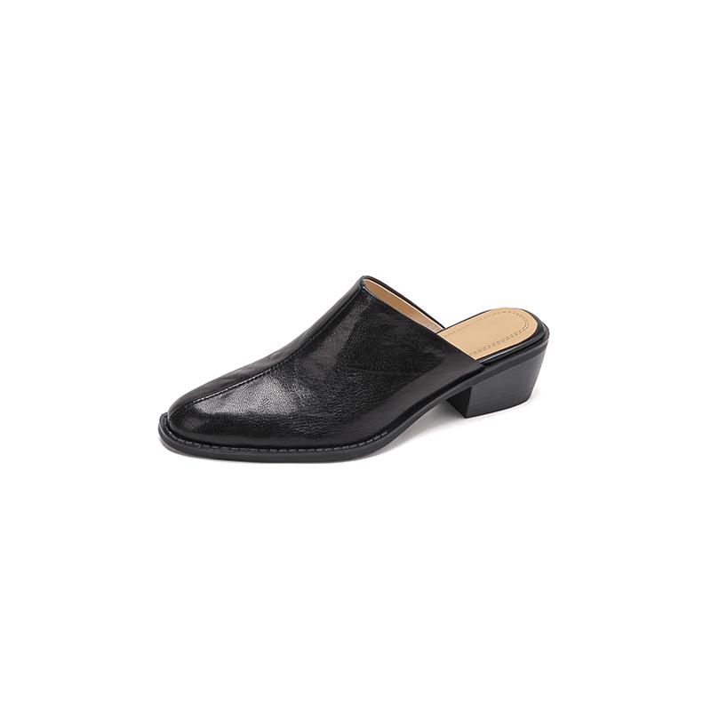 Fashion 2025 New Summer Women Mules Shoes Genuine Leather Shoes for Women Cover Toe Chunky Heel Slippers Round Toe Black Women Sandals