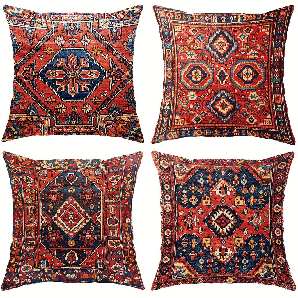 Exquisite Ethnic - Style Pillow Cover: Intricate Geometric Patterns In Vibrant Reds and Blues,Sofa Decoration Cushion Cover