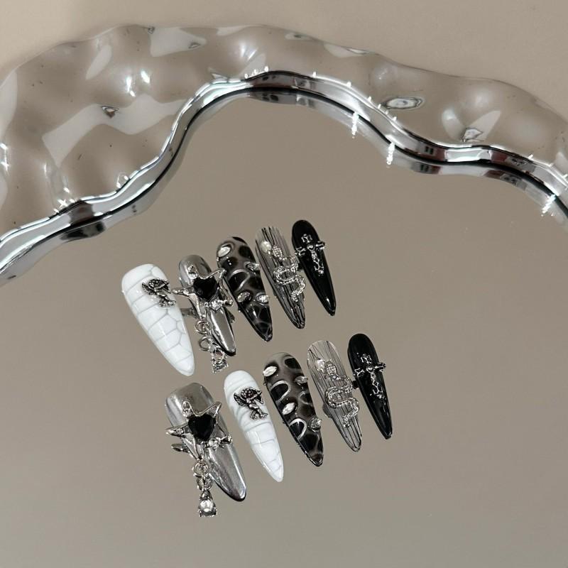 Handmade Press On Nails Black White Hand-painted Gradient Long Length Cross Chrome Design Slimming Women
