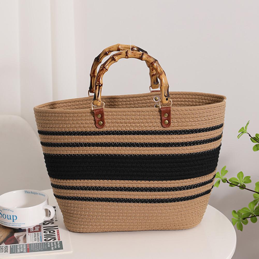 Хлопчатобумажные сумки с бамбуковой ручкой, женская тканая сумка, большая вместительная полосатая портативная повседневная модная изысканная сумка для морской вечеринки