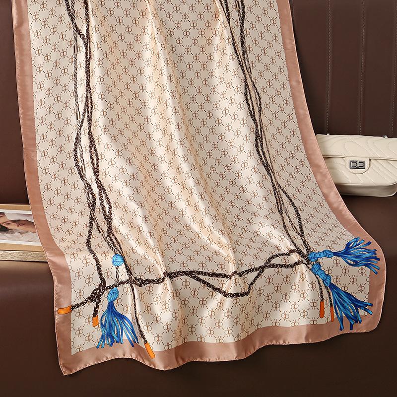 Fashion Tassel Printed Simulation Silk Long Silk Scarf Temperament Women's Holiday Outer Shawl