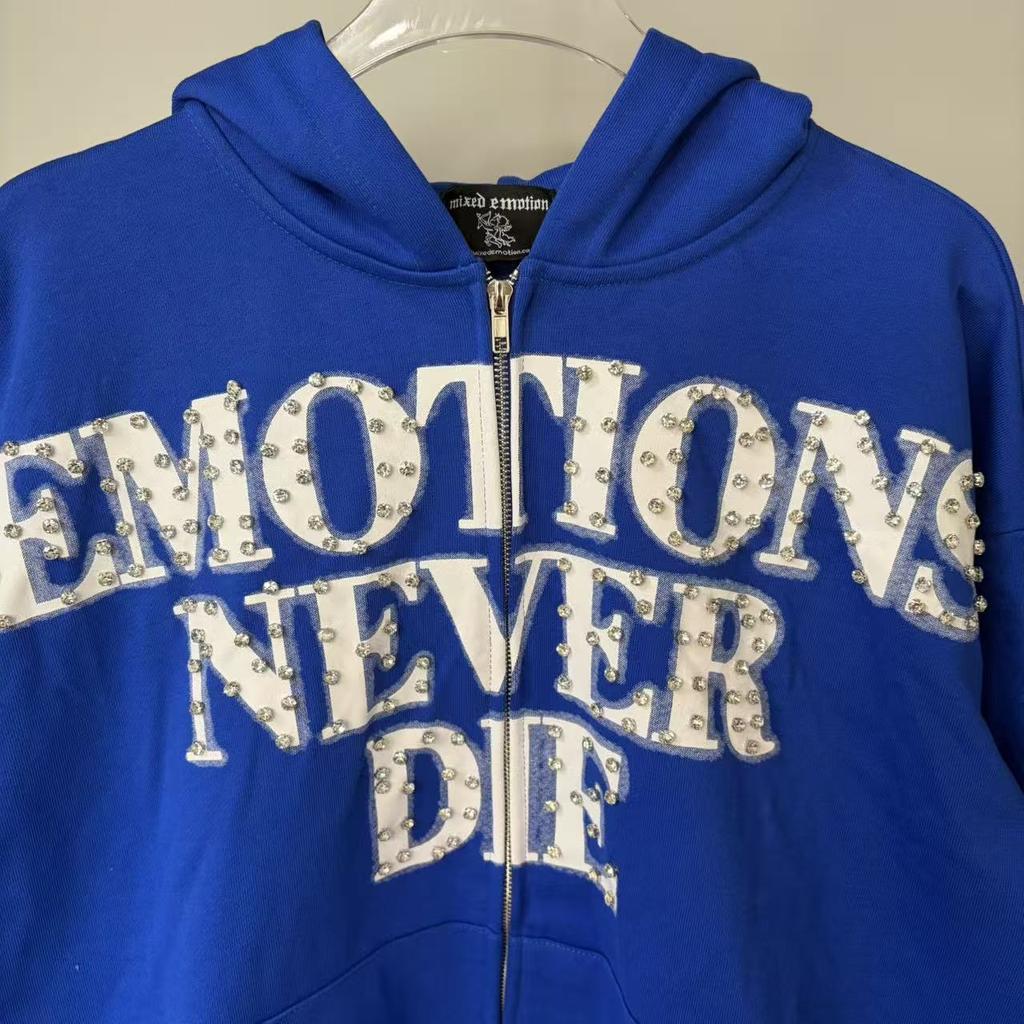 Cross-border beauty tide MIXED EMOTION retro letter zipper print men's and women's same casual versatile hoodie