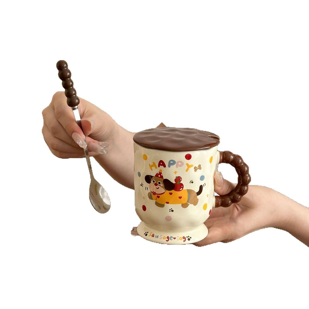 Милая керамическая кружка с изображением таксы, крышкой и ложкой, для воды, завтрака, кофе и молока, практичный подарок на день рождения.