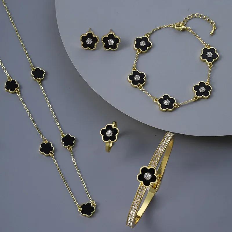 4Pcs High Quality Five Leaf Flower Botanical Jewelry Set Bracelet Necklace Earrings Bnagles Classic for Women Jewelry Clover