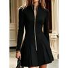 2026 Womens Long Sleeve Zipper A-Line Dress High Neck Fitted Waist Elegant Office Wear