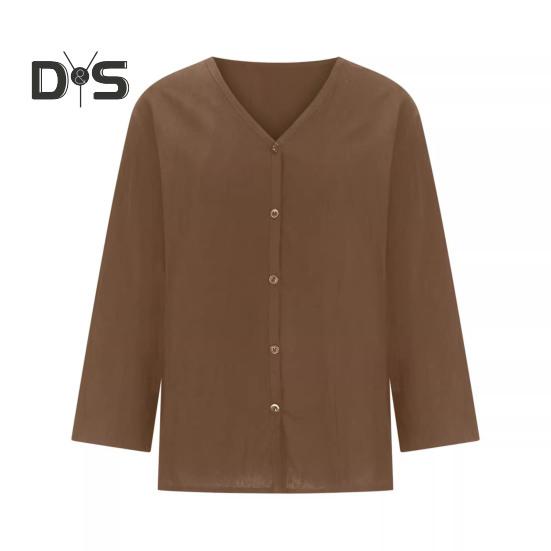 Женская рубашка свободного кроя с V-образным вырезом и рукавом 3/4, летняя застежка на пуговицы, однотонная повседневная футболка на каждый день