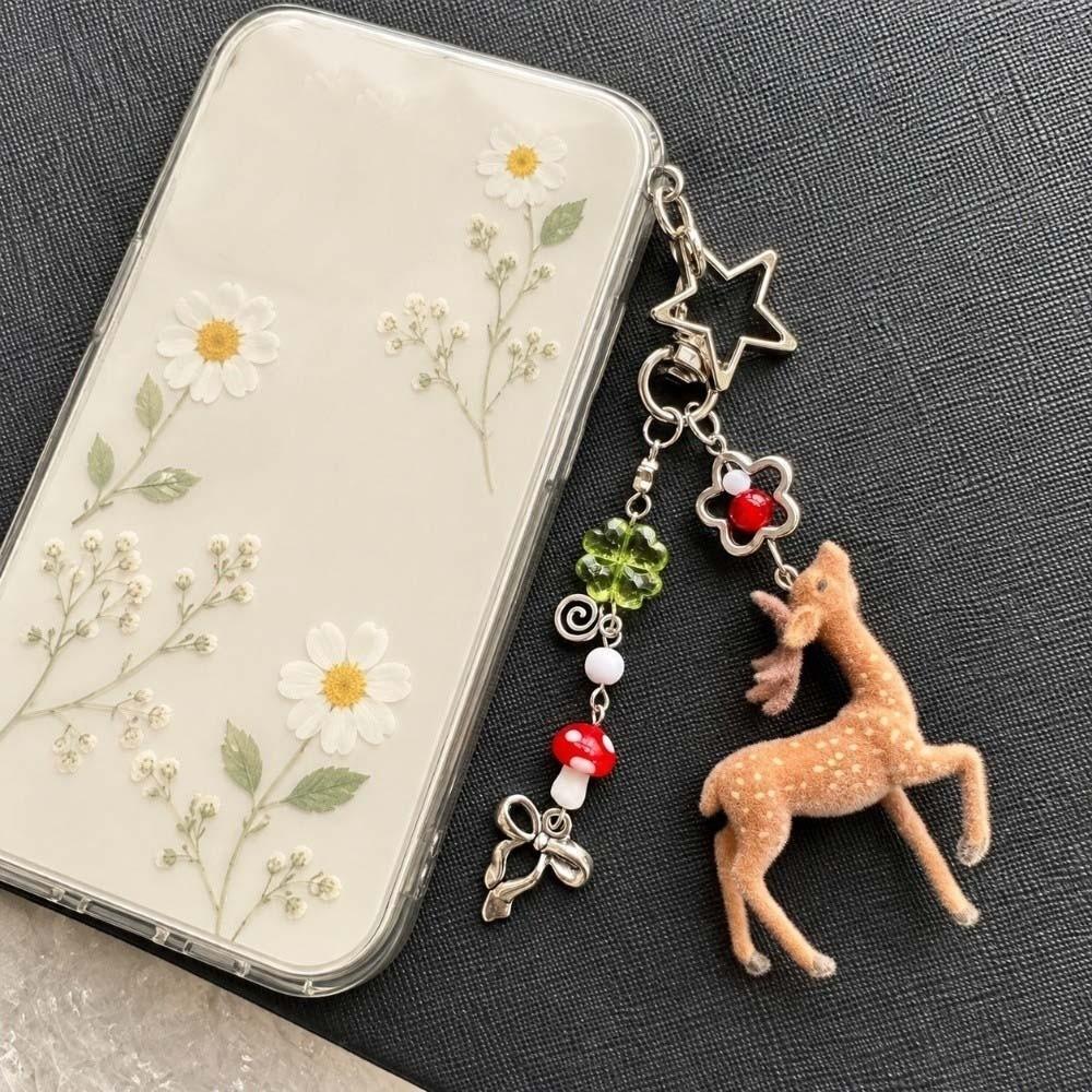 Floral Deer Key Chain Miniature Animal Bag Charm Fawn Backpack Decor Flocked Pendant Wallet