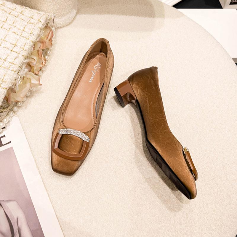 Thick heel light mouth single shoes 2025 new spring and autumn low heels French soft leather square head not tired feet high heels women's black