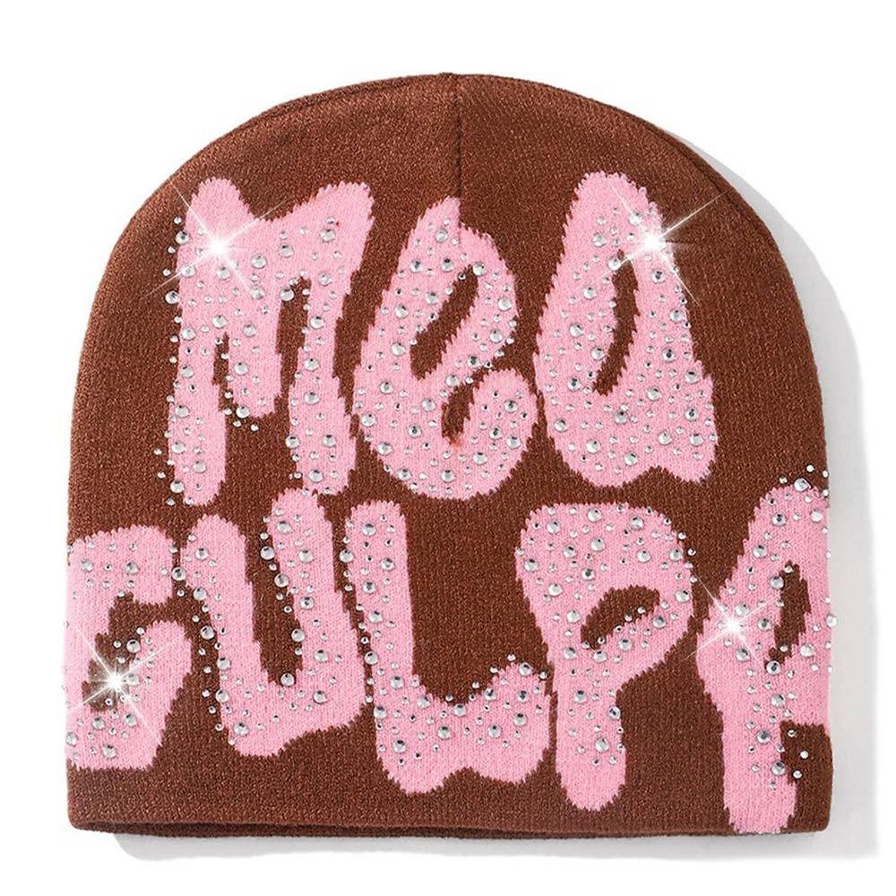Trendy Stretch MEA Culpa Beanies Hat with Rhinestone Warm Soft y2k Beanies Hats Knitted Hip-hop Hat for Women Men