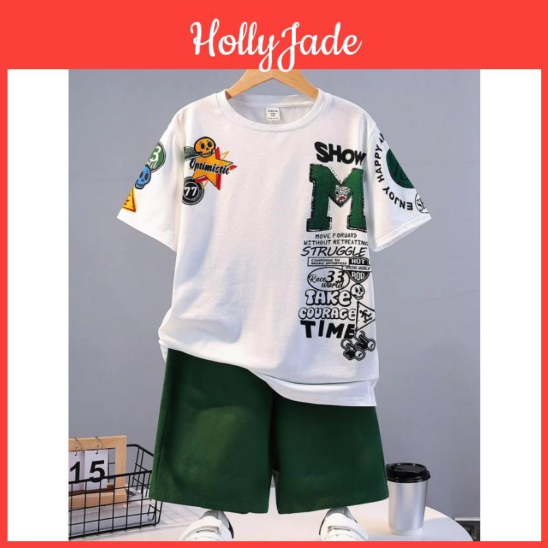 Suit Summer Kids Boys Loose Casual Crewneck Patterned Shortsleeved Tshirt And Shorts Comfortable Cool Tracksuit