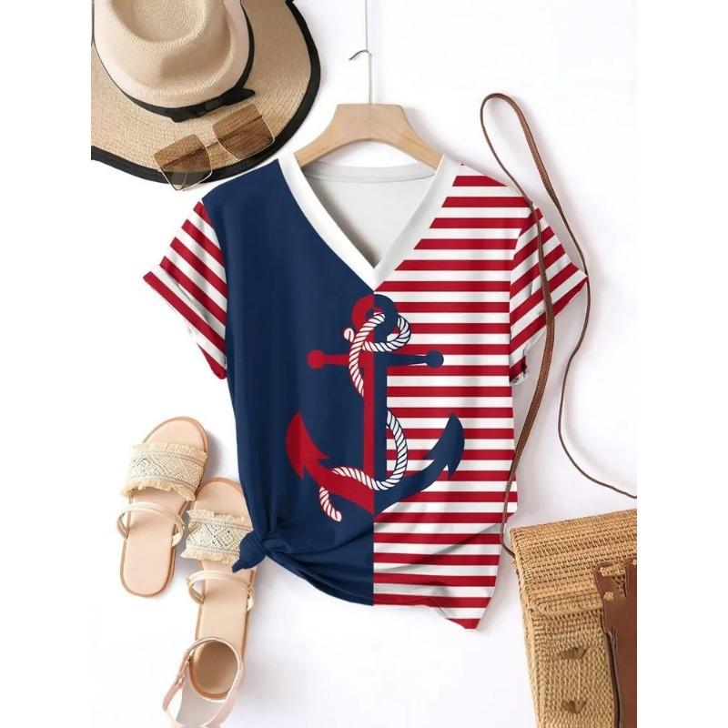 Полосатая графическая 3D футболка женская летняя с V-образным вырезом и коротким рукавом, праздничная повседневная футболка, женская уличная одежда, футболка оверсайз