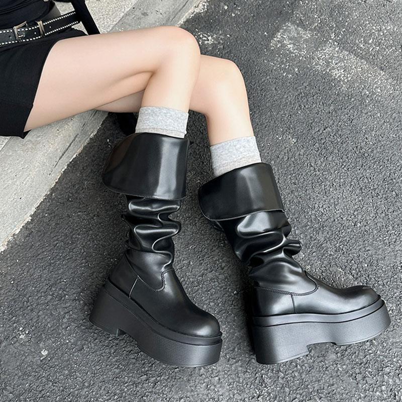Мода Зимние женские сапоги в стиле панк до колена Модные плиссированные длинные сапоги без застежек Дизайнерские толстые каблуки Botas De Mujer