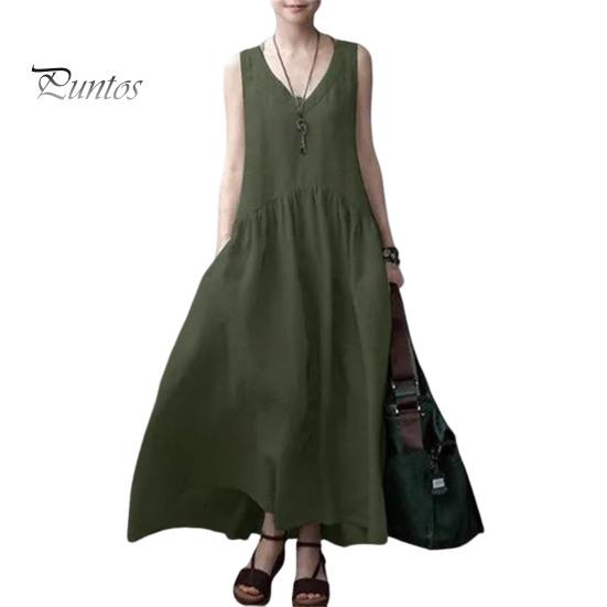 Женское летнее хлопковое льняное платье макси, повседневное платье-майка без рукавов с V-образным вырезом, струящийся пляжный плиссированный сарафан