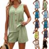 Fashion Sleeveless Two-Piece Summer V-Neck Casual Solid Color Button Hottie Vest Suit