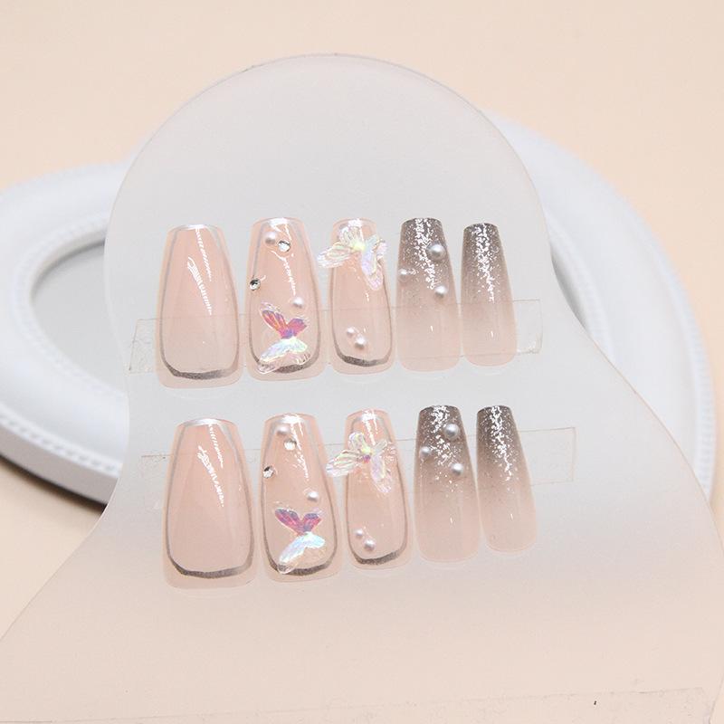 24 шт. накладных ногтей, жемчужные бабочки, накладные ногти, длина и ширина маникюра, балетный маникюр, фрезерованный французский маникюр