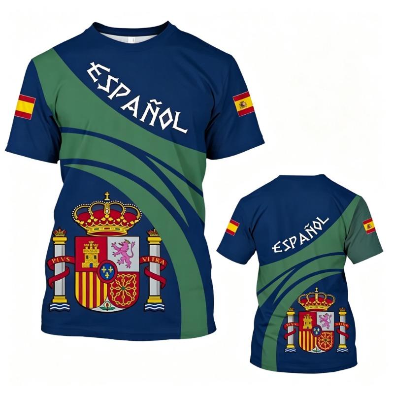 Spanish Themed Fan Short Sleeved Shirt, Retro National Emblem and Shield Full Screen Print, Unisex Breathable Sports T-Shirt