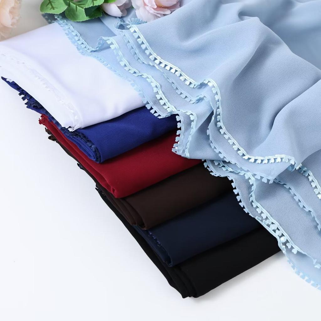Supply Solid Color Silk Scarf Women's Island Silk Edge Lace Long Scarf Bright Silk Ethnic Scarf Malaysian Headscarf