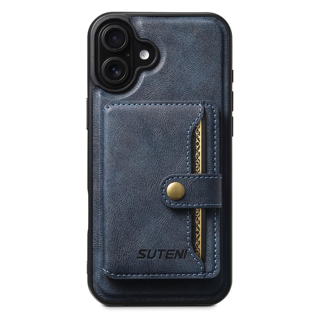 SUTENI M4 For iPhone 16 Magnetic Case with Card Holder Cowhide Texture Leather Back Cover
