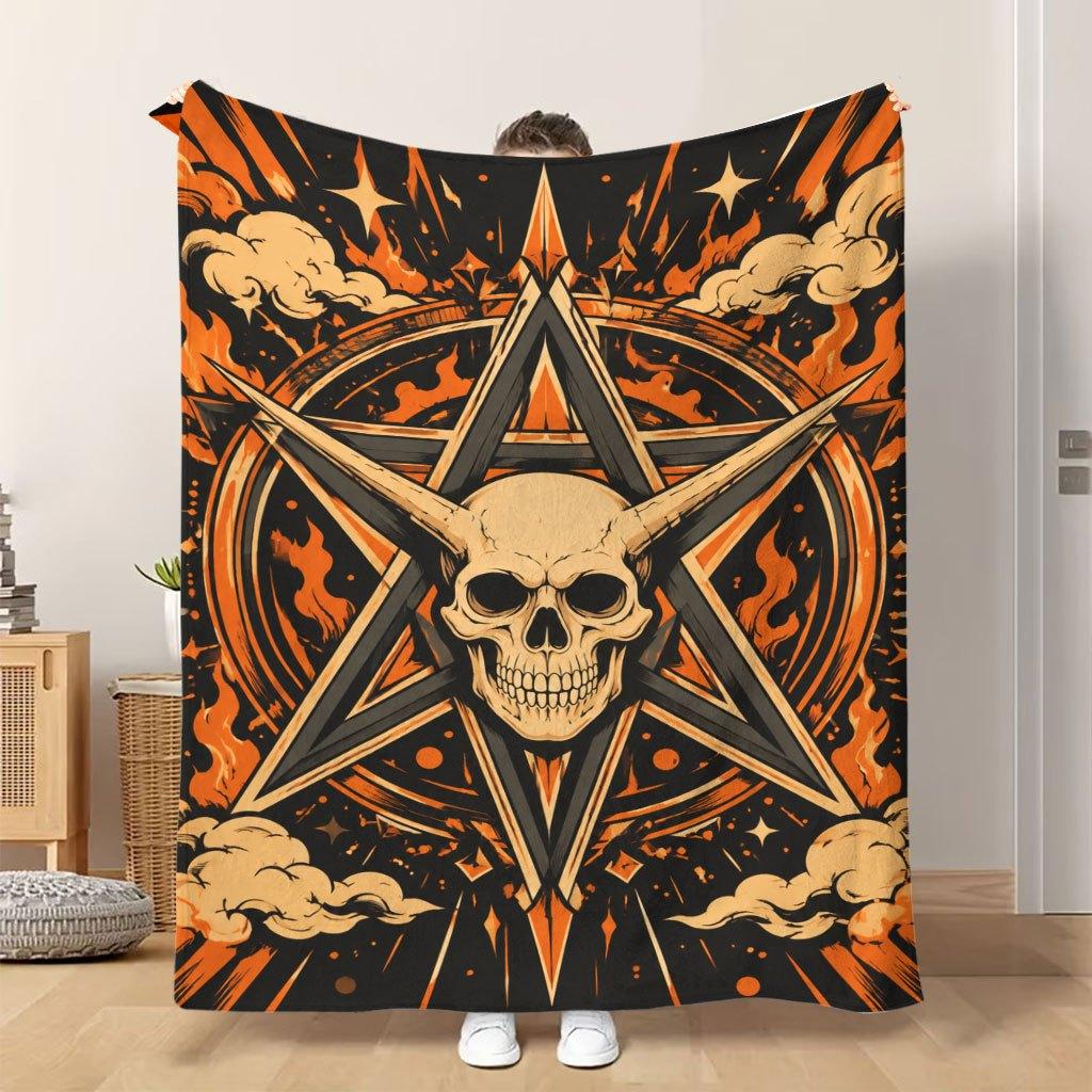 1pc Flannel Blanket Flaming Skull with Pentagram Soft Comfortable And Warm This Nap Blanket/Sofa Blanket Is Suitable for All Seaso