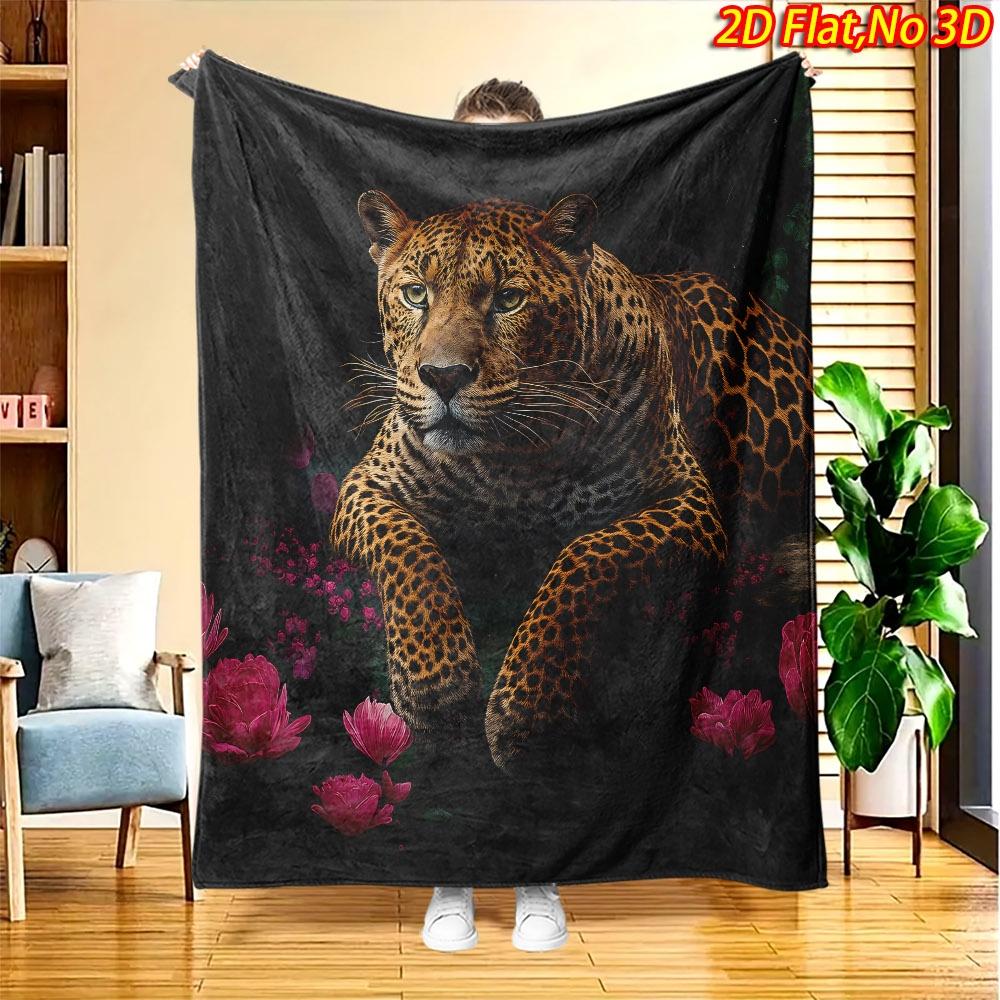 1pc 2D Flat Printing Spring & Summer New Arrival Leopard and Flowers Themed Digital Print Blanket, Suitable for All Seasons, Casual Throw Blanket, 100