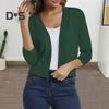 Women Knitting Cardigan Collarless 3/4 Sleeve Short Knitting Jacket Solid Color Open Stitching Knitted Outerwear